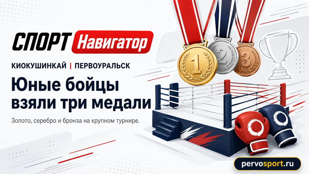 Абстрактная спортивная обложка с перчатками, медалями и турнирной графикой в красно-темной палитре, посвященная успеху кикбоксеров Первоуральска в Казани.
